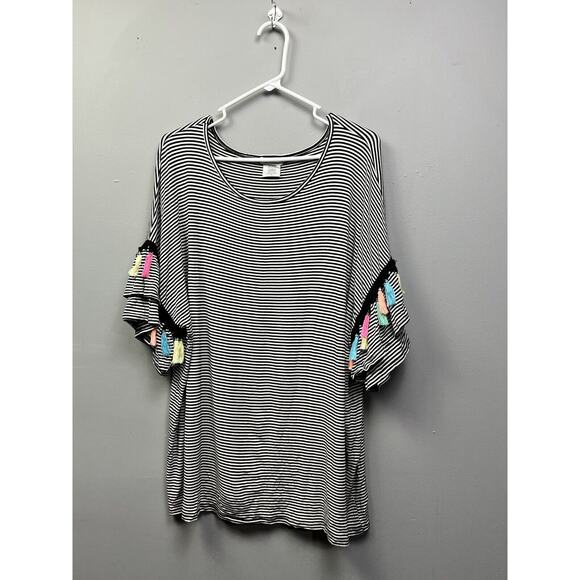 Isela Blouse Womens 1X Stripe Bell Sleeve Rainbow Colors Tassels Scoop Neck - Picture 1 of 5